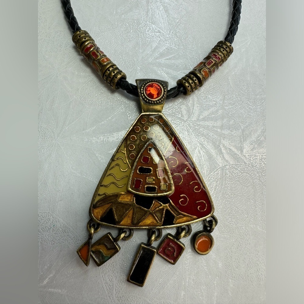 Chico’s Boho Tribal Enamel Antiqued Gold Black Braided Leather Chain Necklace - Picture 6 of 6
